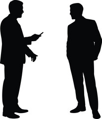Businessmen silhouette illustration, professional meeting concept, corporate communication art, two men talking, business discussion design, teamwork outline graphic