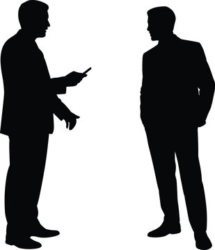 Businessmen silhouette illustration, professional meeting concept, corporate communication art, two men talking, business discussion design, teamwork outline graphic
