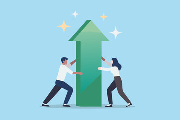 Teamwork pushing a large green arrow upwards symbolizing growth and success