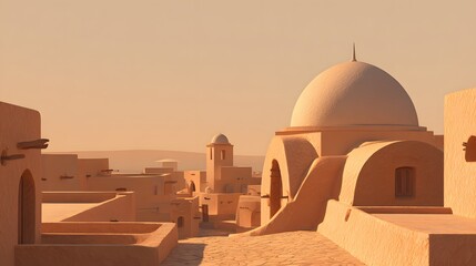 Terracotta colored buildings with domed architecture stretch across a dusty, sunlit townscape
