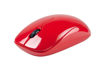 Computer equipment technology. Red dark wireless computer mouse isolated on cut out PNG or transparent background. Modern design highlights smooth curves and minimalistic buttons. Stylish appearance. 