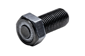 Metal bolt hex nut old black dark aluminum isolated on cutout PNG transparent background. Technology for fastening various devices prevent pulling out. For industrial machinery Assembled machinery.
