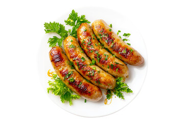 Grill brown sausages or hot dog perfectly arrange on plate with set against pristine isolated on cut out PNG or transparent background. Highlighting their texture. Realistic fast food street template.