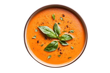 Top-down view of Creamy tomato soup served in ceramic cup elegant plain white garnished with fresh basil leaves. Emphasizing appetizing presentation. Isolated on cutout PNG or transparent background.