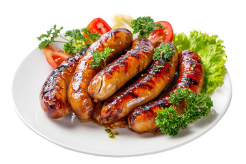 Grill brown sausages or hot dog perfectly arrange on plate garnish with fresh vegetables isolated on cut out PNG or transparent background. Highlighting their texture. Realistic fast food street.