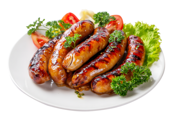 Grill brown sausages or hot dog perfectly arrange on plate garnish with fresh vegetables isolated on cut out PNG or transparent background. Highlighting their texture. Realistic fast food street.