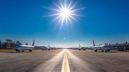 Fototapeta premium Numerous passenger aircraft line a wide airport tarmac under brilliant sunshine
