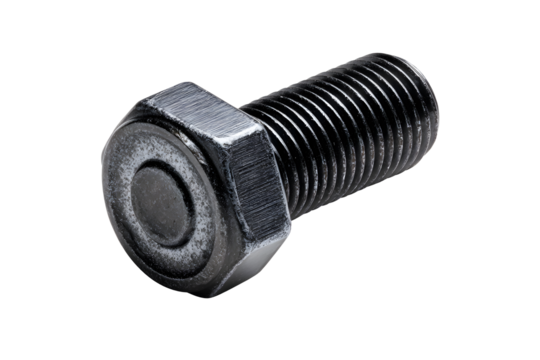 Metal bolt hex nut old black dark aluminum isolated on cutout PNG transparent background. Technology for fastening various devices prevent pulling out. For industrial machinery Assembled machinery.