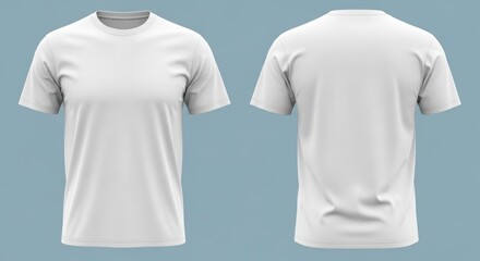 Front and back views of a plain white short-sleeve tee on a blue-gray background