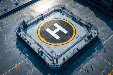 Aerial photograph showcasing modern helicopter landing pad from top-down perspective. Helipad is marked with large clear 'H' symbol surrounded by safety markings with building backdrop is background.