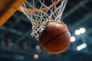 Basketball ball flies into stadium hoop or basket net on open basketball court. Basketball is an indoor sport. Copy space for text. Points are scored by throwing or shoot ball into hoop from above. 
