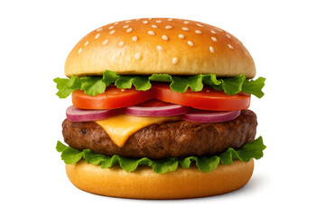 Grilled cheeseburger with fresh ingredients, meat cutlet, cheese, lettuce, tomato, onions on sesame bun, transparent background