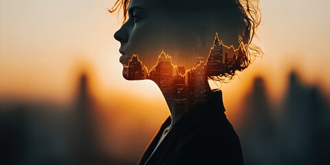 Double exposure image of businesswoman superimposed on stock chart lines