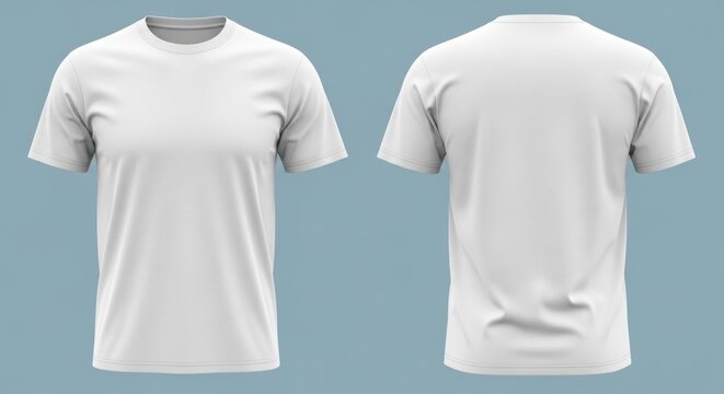 Front and back views of a plain white short-sleeve tee on a blue-gray background