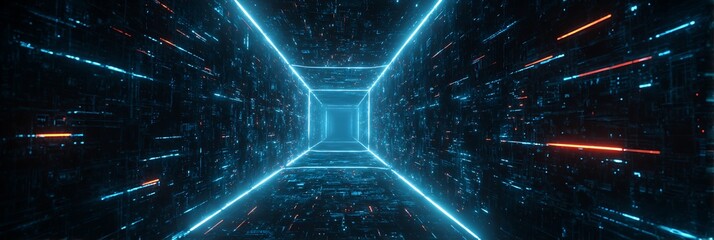 A futuristic digital corridor with glowing blue lines. A technological marvel that looks like something from the future. The image creates a sense of depth and movement
