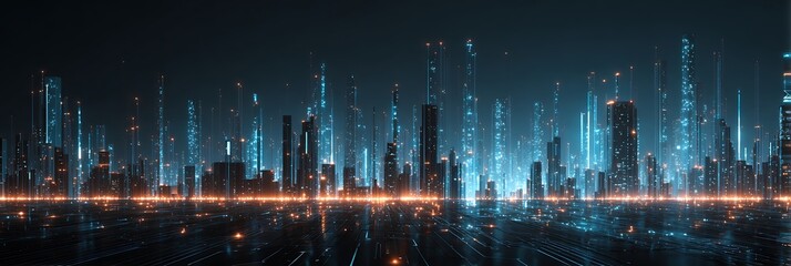 A futuristic cityscape with glowing lines, showing an image of innovation and technology. The city has high skyscrapers with digital lines lighting up