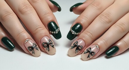 Elegant dark green and nude nails with detailed black bows & rhinestones