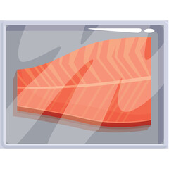 Salmon fillet in clear plastic packaging with gray backing showing pinkish-orange flesh and white marbling isolated on a transparent background