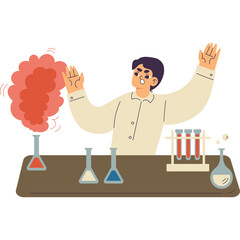 Scientist With Raised Arms Amidst Chemistry Experiment Smoke With Beakers And Test Tubes On Table In A Lab With White Background