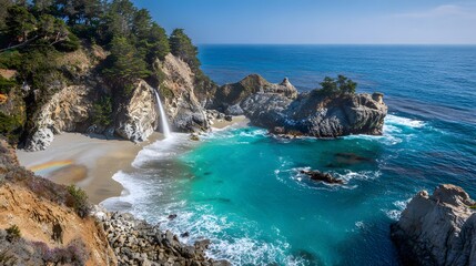 Scenic coastal landscape features a waterfall cascading onto a secluded sandy cove bordered by rugged cliffs and turquoise ocean