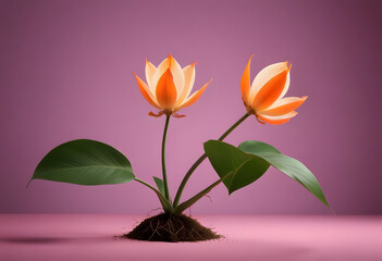 Orange Flower in Small Clay Vase on Purple Background