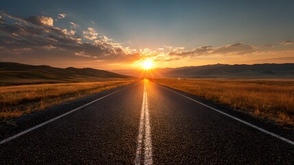 Naklejka premium Open highway stretches towards a brilliant sun setting over rolling distant terrain