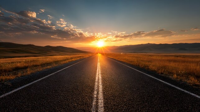 Open highway stretches towards a brilliant sun setting over rolling distant terrain - Powered by Adobe