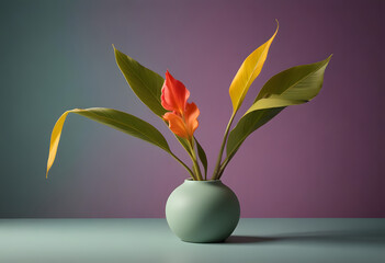 Orange Flower in Small Clay Vase on Purple Background