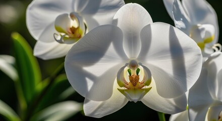 Close-up of white orchids with yellow and green centers in sunlight