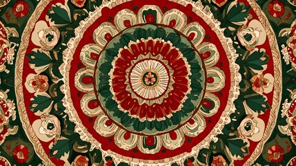 Fototapeta premium Intricate circular patterned design features rich red and deep green coloration