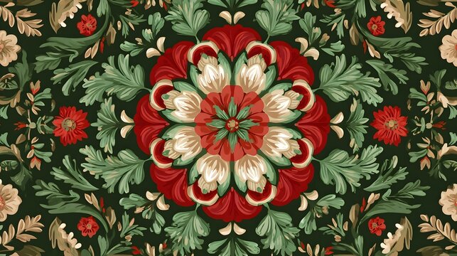 Richly detailed floral mandala pattern repeats across a dark background with botanical motifs