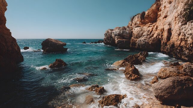 Clear turquoise ocean water crashes against rugged seaside cliffs and submerged boulders under a bright sky