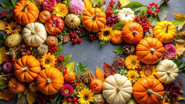 Autumnal arrangement of pumpkins, gourds, flowers, berries and leaves creating a vibrant border against a dark background.
