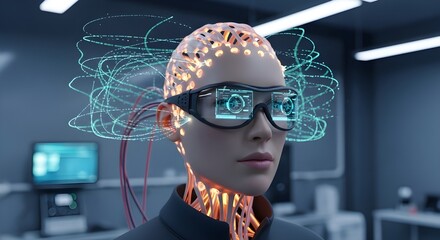 A futuristic humanoid connected to a neural network interface, visualized through glowing data streams and digital circuits surrounding the head, representing the evolution of AI and human connection.