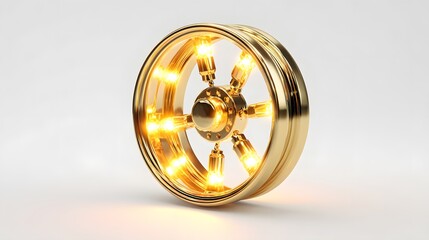 Highly polished metallic circular object illuminated by internal glowing elements rests on a light surface