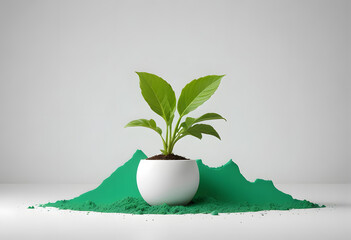 Green Plant Growing from Organic Powder Pile on White Background