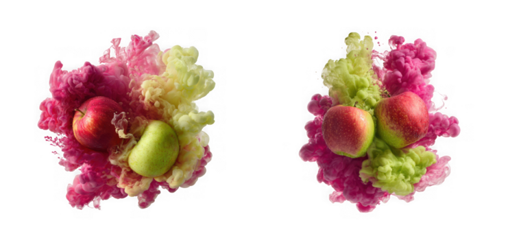 Two apples and a pear exploding in vibrant pink and green ink, isolated on transparent background