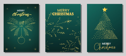 Luxury Christmas and New Year Background Set, Gold Dots Christmas Tree and Sparkling Holiday Lights, Modern Winter Greeting Card Poster Templates for Seasonal Celebration.