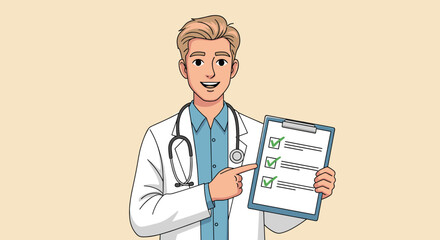 Smiling Doctor Presenting Medical Checklist for Healthcare Compliance in a Modern Office: Confident medic showing report for patient care, clinical assessment, health checkup, for presentation or onli