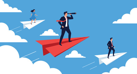 Obraz premium Visionary Business Leader Flying on a Red Paper Airplane, Looking Through Telescope in Blue Sky with Clouds, Leading Team to Success and Innovation. Strategy, Foresight and Entrepreneurship in a Flat