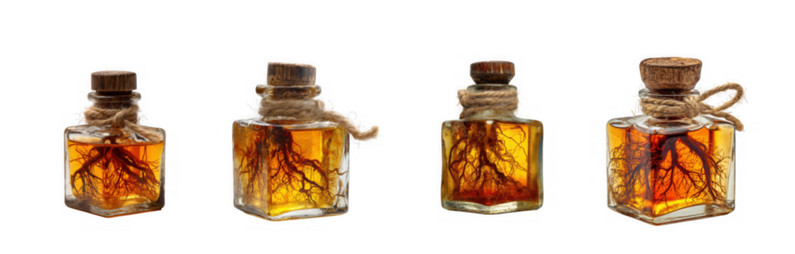 Four small square glass bottles filled with amber liquid and rootlike structures, isolated on transparent background