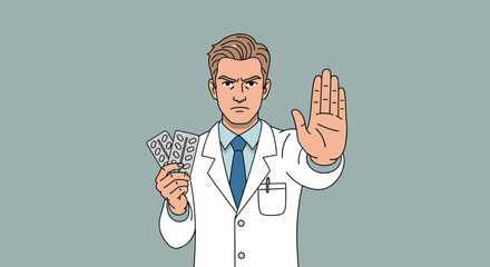 Serious Doctor Holds Pills, Gesturing Stop in Healthcare Setting: A Visual Metaphor for Overmedication, Prevention, and Informed Choices in Medical Treatment and Pharmaceutical Care. Modern Illustrati