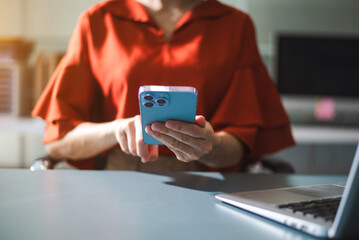 Businesswoman s hands typing on laptop keyboard in morning light computer, typing, online