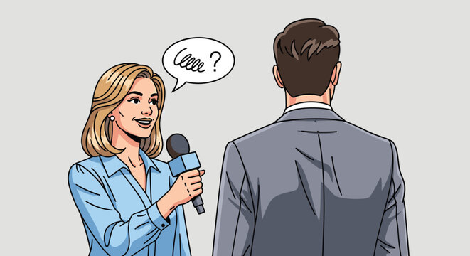 Blonde Reporter Interviewing Unresponsive Businessman: Press Conference Questioning, Communication Breakdown, Media Relations, News Event Coverage, Illustrated Editorial Graphic Style, Modern Business
