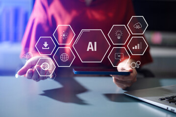 Woman hand with cupped hands under a glowing AI interface surrounded by futuristic tech icons. Ideal for artificial intelligence, innovation