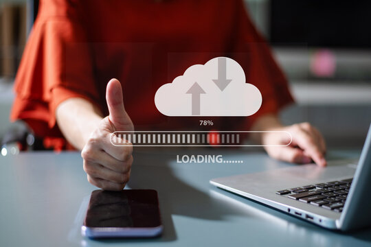 Modern cloud computing with data upload download technology, storage, security, and digital business solutions for innovation and success.