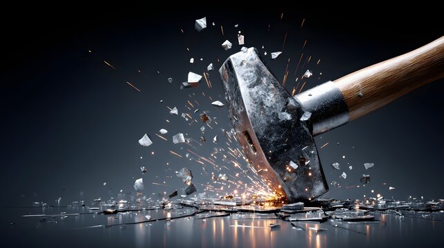 Heavy steel hammer impacting a surface causing fragments and sparks to fly