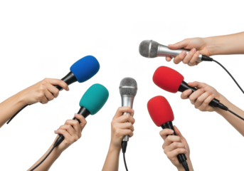 Hands holding microphones with colorful foam covers, media event, press conference, interview, news reporting isolated on transparent background