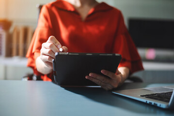 Businesswoman s hands typing on laptop keyboard in morning light computer, typing, online