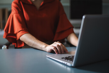 Businesswoman s hands typing on laptop keyboard in morning light computer, typing, online